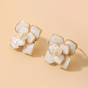 Camellia Flower Stud Earrings Alloy White Enamel With 925 Sterling Silver Earring Post French Vintage Elegant Women