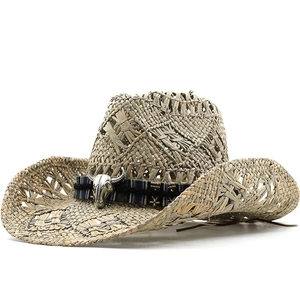 Western Cowboy Hat Straw Wide Brim Sun Protection Breathable Vintage Bull Skull Accessory Outdoor Summer Beach Unisex