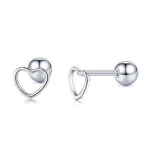 Minimalist s925 silver hollow heart stud earrings with threaded ball back screw design