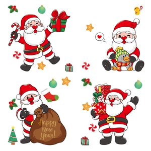 Christmas window decals with cartoon Santa Claus snowflakes and Happy New Year stickers