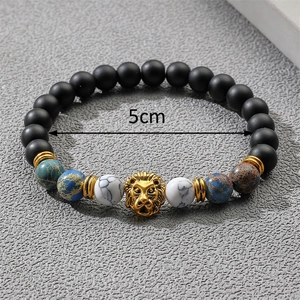 8mm Perlenarmband mit Löwenkopf, mattem Türkis und Kaiserstein, 5cm Innendurchmesser