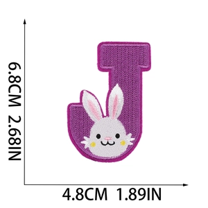 Detailed size chart for purple embroidered letter J patch with cute Easter bunny design