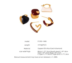 Size chart for geometric copper earrings featuring enamel and Czech crystals in several styles
