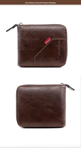 Close-up of deep brown vintage leather wallet with zipper closure and embossed logo