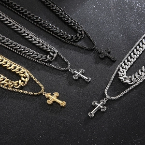 Double-layer stainless steel Cuban chain necklace with cross pendant in four colors