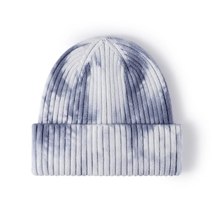 Winter tie-dye knit beanie hat in blue and grey ribbed style for men and women
