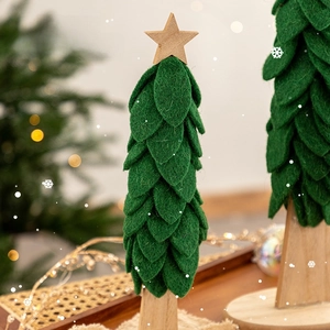 Handmade felt Christmas tree tabletop ornament with wooden star and base for festive decor
