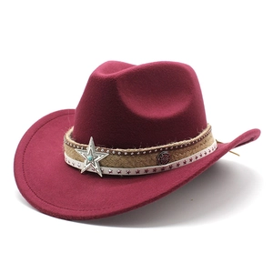 Classic burgundy fedora cowboy hat with turquoise star buckle and braided bands
