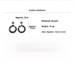 Macro detail of geometric acrylic hoop earrings with precise dimensions 7.2cm by 5cm