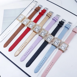 Women's square quartz watches with diamond bezels and colorful leather straps in eight colors