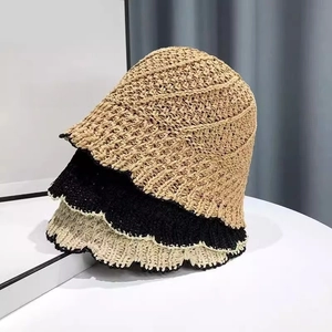 Handmade woven hollow bucket hats in khaki, black and beige with scalloped edge design