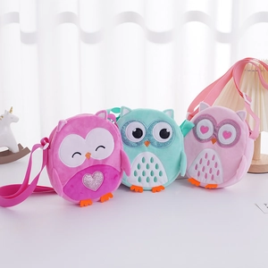 Three cute plush owl crossbody bags for kids in pink, mint green and rose red colors