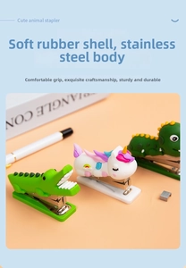 Detailed view of cute cartoon animal staplers featuring soft rubber and steel structure