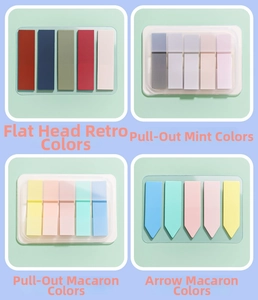 Macro detail of Morandi and Macaron translucent PET index tabs in flat and arrow styles