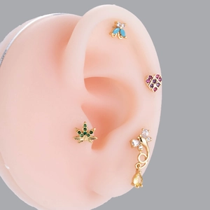 Detailed set of 4 gold stainless steel ear studs with colorful crystal butterfly and heart