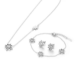 Silver stainless steel daisy flower jewelry set with necklace, bracelet, and earrings