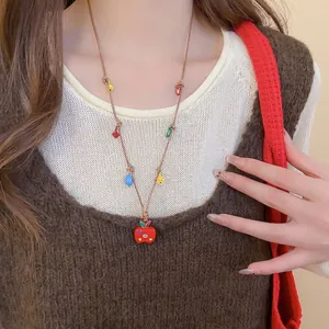 Collier Pendentif Pomme Rouge Mignon Longue Chaîne En Corde Tressée Marron Charmes De Fruits Colorés Bijoux Esthétiques Pour Femmes
