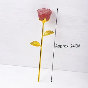 Pink crystal rose figurine with gold metallic stem and leaves, 24cm height
