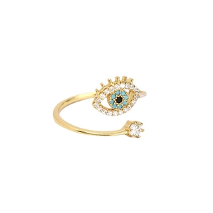 925 silver adjustable evil eye ring in gold with sparkling turquoise and zircons