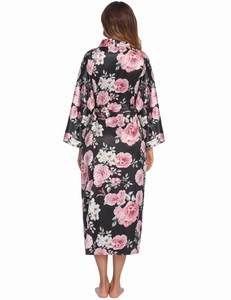 Rear view of long black satin floral bathrobe for women with elegant pink flower print