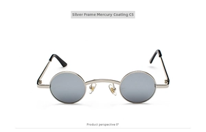 Front view of silver metal steampunk sunglasses with round silver mirror lenses