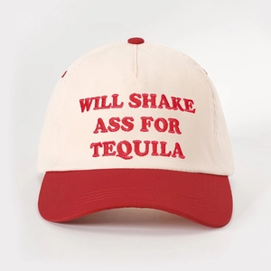 Two-tone baseball cap in off-white and red featuring Will Shake tequila embroidery