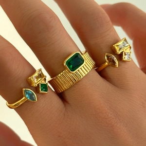 Geometric Colorful Zirconia Open Ring Gold Plated Stainless Steel Adjustable Jewelry Gift For Women INS Style