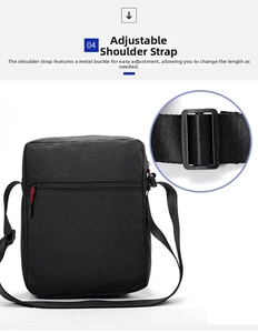 Detail of adjustable strap buckle and durable black oxford fabric on crossbody bag