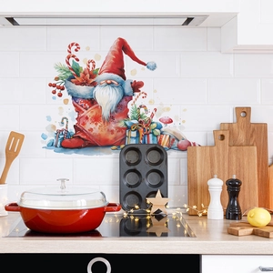 Watercolor Christmas Gnome wall sticker on white tiles with festive kitchen decorations