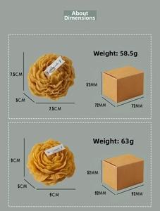 Size chart for peony candles showing precise weights and dimensions in kraft boxes