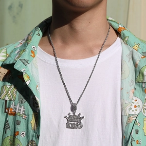 Men's silver hip-hop necklace featuring a sparkling iced-out crown and KING pendant