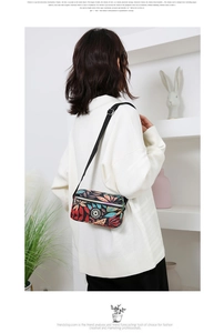 Detailed back view of a colorful floral oxford crossbody bag on a female model