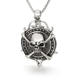 Men Stainless Steel Skull Pendant Punk Gothic Rock Style Vintage Ram Horn Skeleton Metal Jewelry