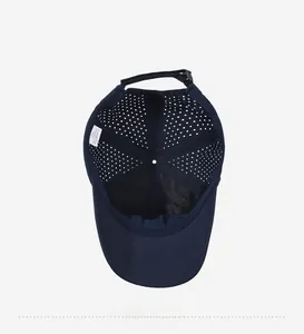 Detailed interior of a navy mesh baseball cap showing sweatband and ventilation holes