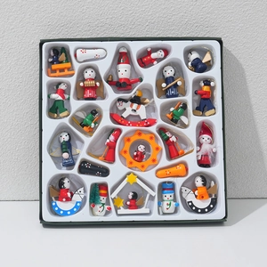 Hand-painted wooden Christmas tree ornaments set with mini Santa and snowman figurines