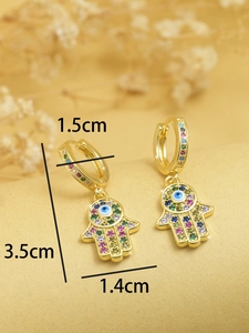 Detailed view of Hamsa Hand earrings with dimensions: 3.5cm length and 1.5cm hoop
