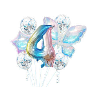 Macro detail of gradient butterfly and number 4 balloons with sparkling blue sequins