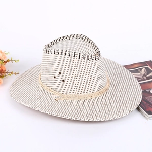 White woven western cowboy straw hat with black stitching and decorative rope detail
