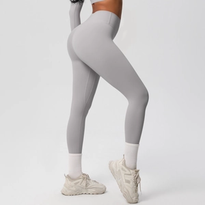 Close-up of high-waist grey yoga leggings with seamless athletic fit and flattering back view