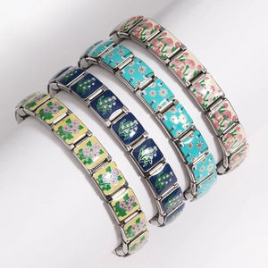 Modular stainless steel link bracelets with colorful floral enamel charms for men and women