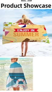 Detail of beach towels with colorful summer prints and stripes on a sunny beach setting
