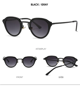 Detailed multi-angle view of oval sunglasses with black frames and gray gradient lenses