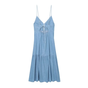 Light blue vacation midi dress with bow tie straps and layered ruffled hem details