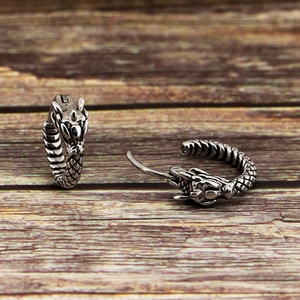 Vintage silver stainless steel dragon head hoop earrings with detailed dragon scale texture