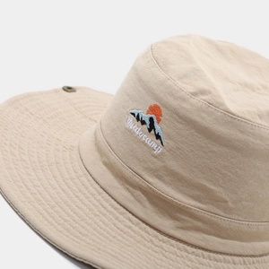 Khaki outdoor sun hat with mountain embroidery and durable cotton twill fabric