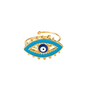18K gold plated stainless steel open ring featuring a blue enamel evil eye design