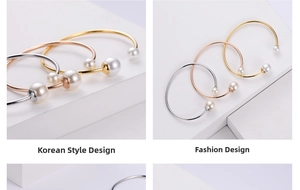 Detailed view of adjustable minimalist pearl bangles in gold, rose gold and silver