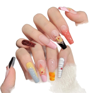 3D floral handmade press-on nails with water drop accents and colorful gradient patterns