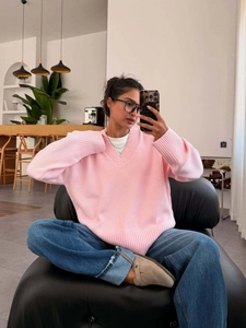 Women V Neck Knitted Sweater Loose Fit Long Sleeve Cotton Blend Warm Retro Streetwear Solid Color Casual Pullover Top