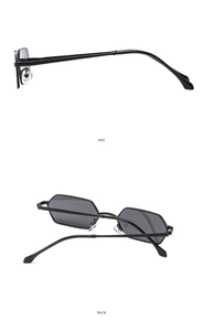 Side and back view of retro geometric hexagonal metal sunglasses with dark lenses